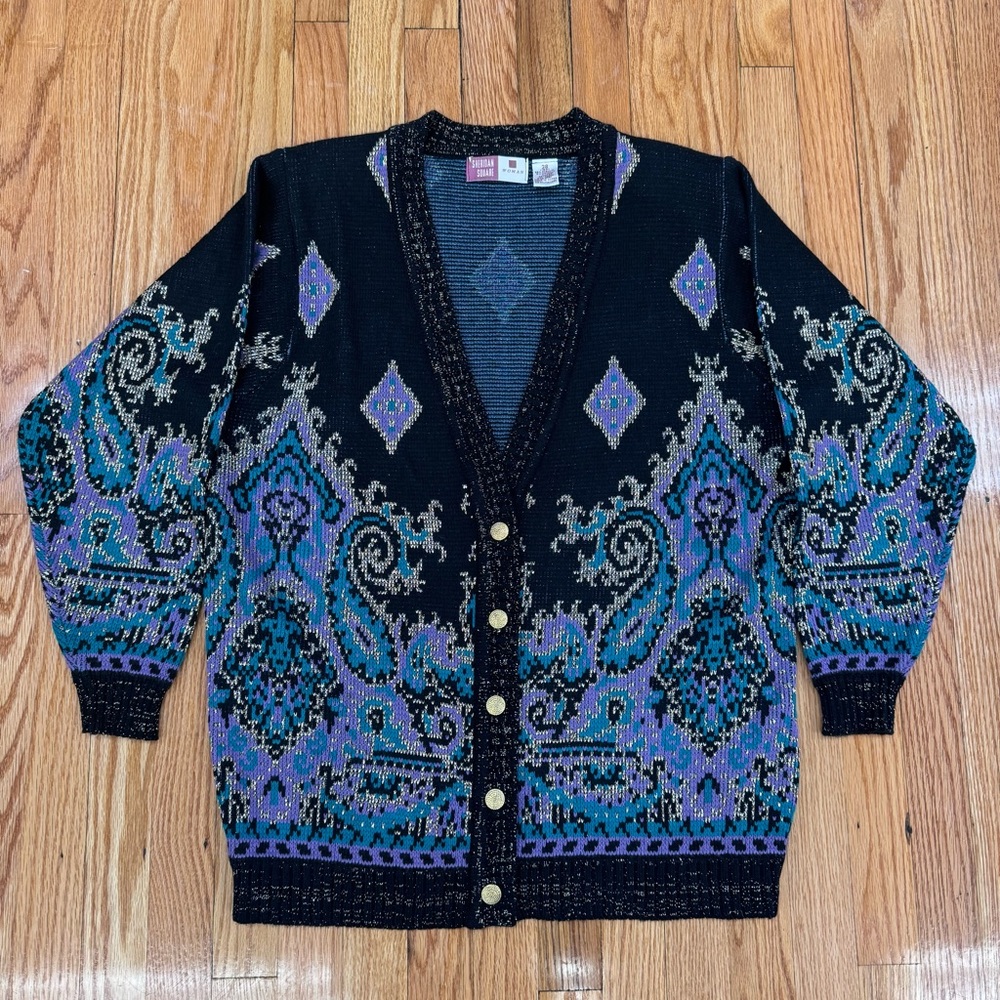 Vintage Sheridan Square Metallic Thread Patterned Cardigan Sweater 90s Grandma